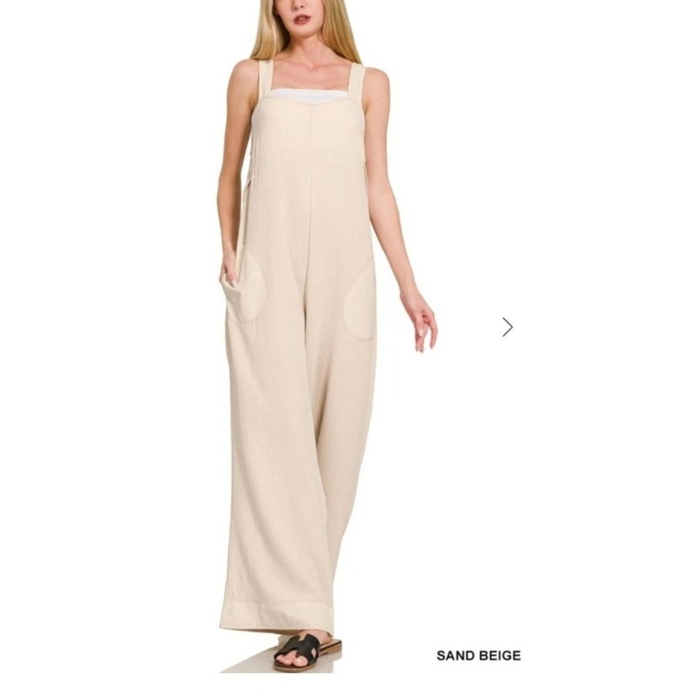 Zenana Sand beige Washed Double Gauze Wide Leg Tie Back Overalls Large